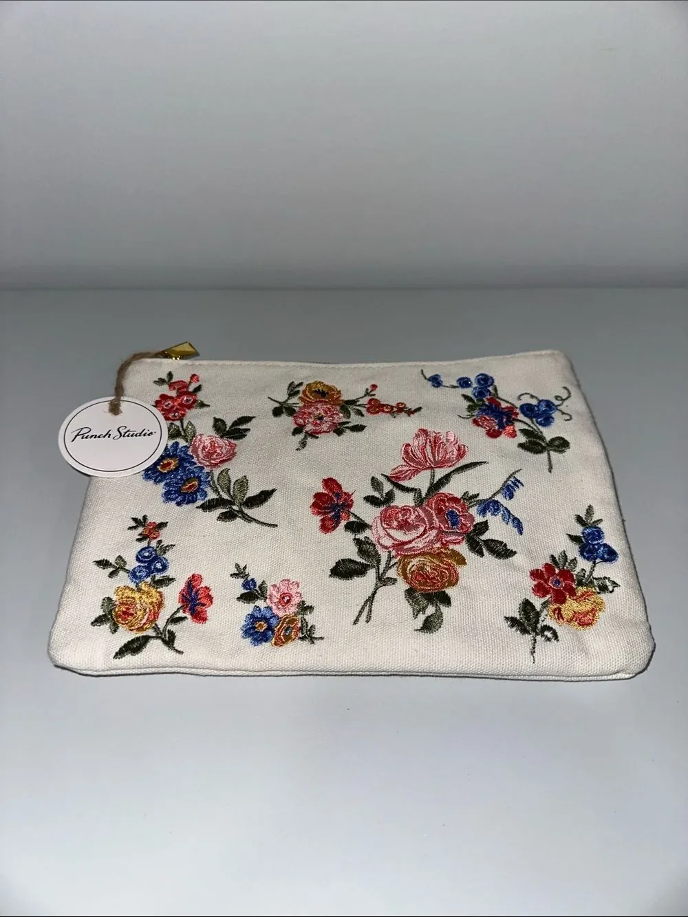 Punch Studio Ivory Muti Delicate Embroidered Floral Canvas Gold Tone Zip Pouch